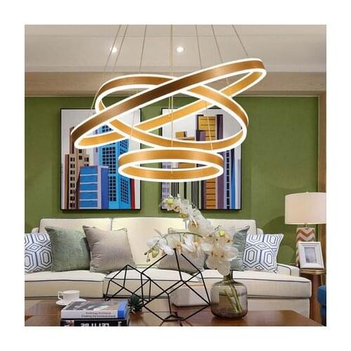Modern Cord Hanging Aluminum Gold Ceiling Panel with LED Acrylic Circular Light Stripes Pendant Light Adjustable for Hotel Foyer