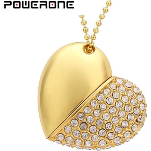 POWERONE Crystal diamond heart with chain pendant USB flash drive pendrive 64GB 16gb 32GB USB 2.0 necklace Memory stick Gifts