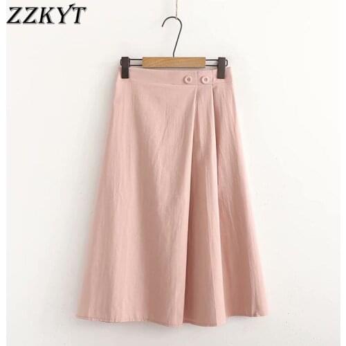 ZZKYT 2021 Women Summer Fashion Solid Button Midi Skirt Vintage Elastic Waist A-Line Streetwear Ladies Skirts Casual Vestidos
