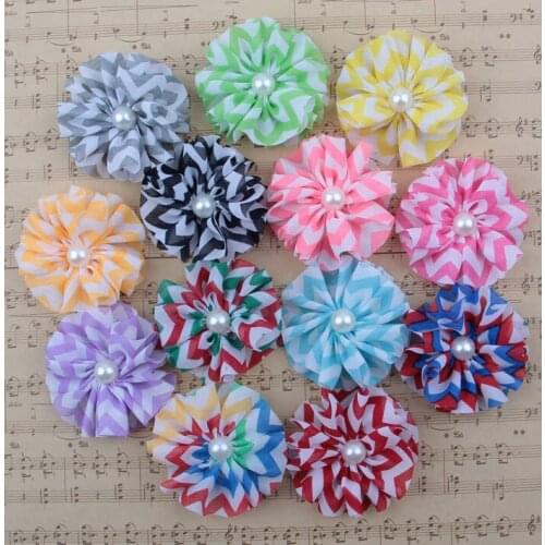 Yundfly 2.4" 10pcs/lot Stripe Wave Chiffon Flowers with Pearl Button For Diy Headband Clips Kids Girls Headwear Hair Accessories