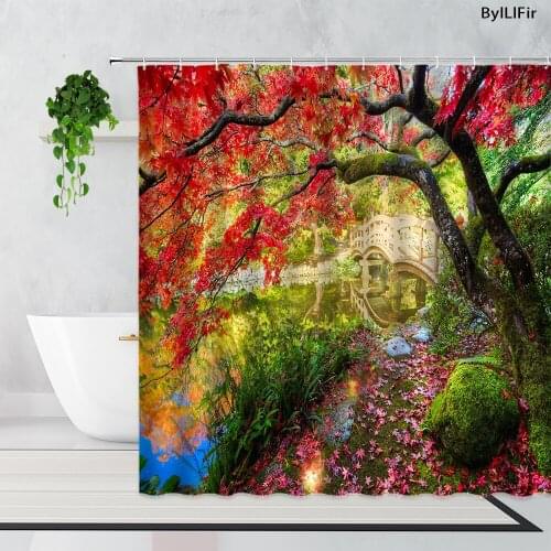 3D Red Maple Leaf Lake Arch Bridge Plant Flowers Shower Curtains Autumn Garden Natural Scenery Bathroom Waterproof Bath Curtain