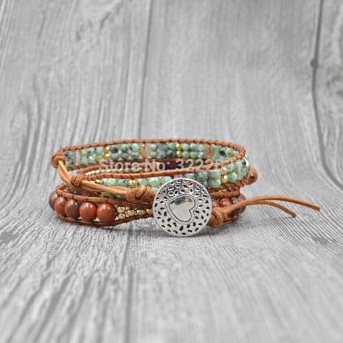 Big Stone Jewelry Bracelets Colorful Natural Stones 3 Wraps Leather Bangle Bracelet on Genuine Leather Cord Handmade Women