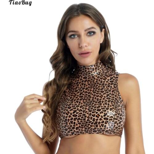 TiaoBug Women Sexy Leopard Print Faux Leather Sleeveless Crop Top Mock Neck Zipper Back Cropped T-Shirt Clubwear Tank Vest