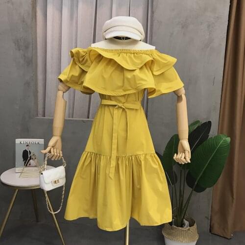 Fashion Korean style women Slash Neck Double layer lotus collar dress,elegant party dress Plus size Bohemian holiday dress M-7XL