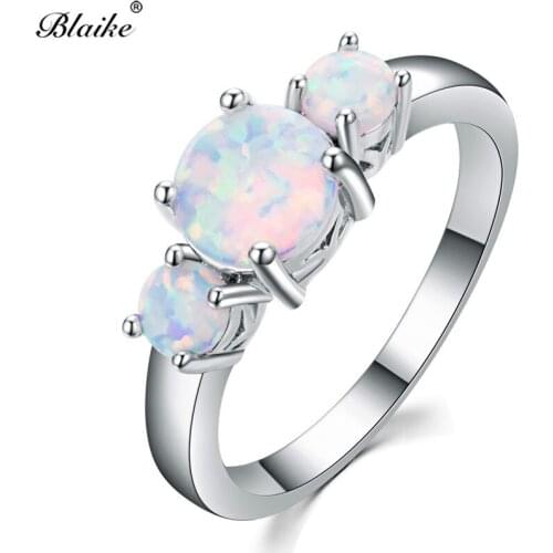 Blaike Round Stone Female White Fire Opal Rings For Women 925 Sterling Silver Ring Rainbow Birthstone Engagement Fine Jewelry