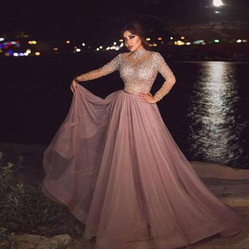 High Neck Muslim Evening Dress illusion Long Sleeve Crystal beaded Plus Size Arabic Formal Dresses for Women Prom Gowns