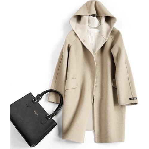 Women Winter Coat Overcoat Outwear Double-Sided Wool Coat Hooded Hand Made Chic Fashion Slim Winter Long Coats Korean