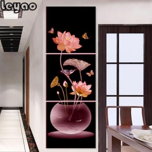 3 Piece Vase Lotus Flower Bird Butterfly Diamond Painting Decor for Living Room Triptych Full Square/Round Diamond Embroidery