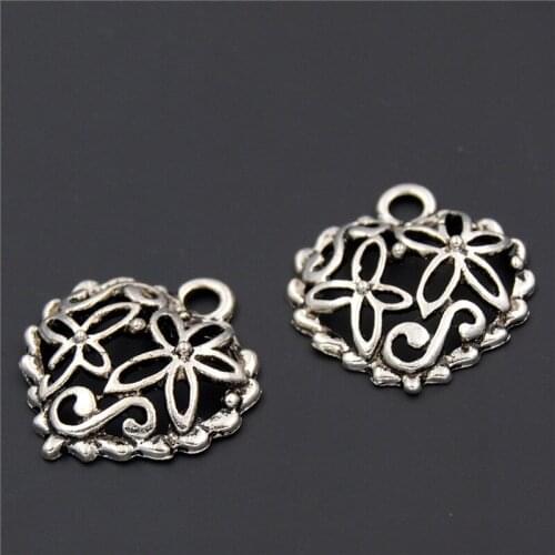 30PCS Retro Silver Color Zinc Alloy Flowers Heart Charms Pendant For Bracelet Necklace Making A2303