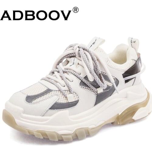 ADBOOV New Reflective Chunky Sneakers Women Fashion Dad Shoes Ladies Genuine Leather Casual Sneakers Trainers