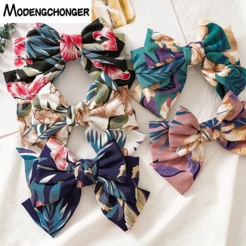 Large Barrettes Three Levels Floral Print Hair Bows For Woman Girls Handmade Bohemia Korean Bowknot Hair Clips Hair Accessories