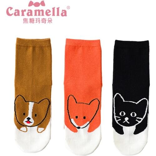 Caramella 2020 New Cartoon Women Socks 3Pairs/lot Funny Dog Girls Socks Colorful Soft Mid Crew Socks Cotton Comfy Female Socks