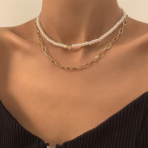 Cosysail 2Pcs/Set Simple Love Heart Imitated Pearl Beaded Choker Necklace for Female Metal Chain Necklace Set Daily Jewelry 2021