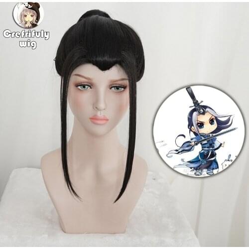 Chinese Ancient Costume Short Black Ponytail Wig Cosplay Men Women Synthetic Hair Wigs For Halloween Party With Beauty Tip