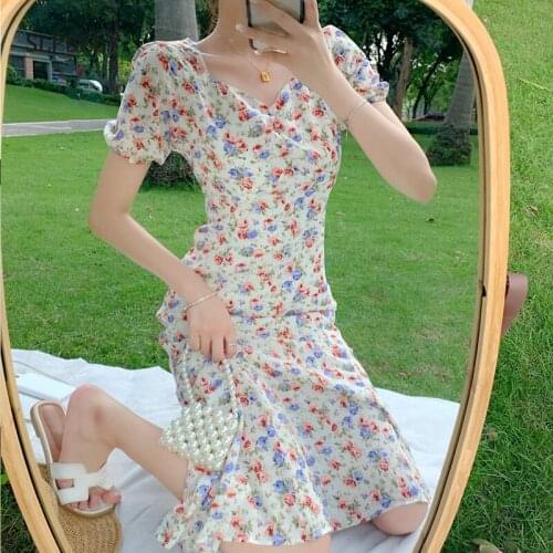 SLPBELY Elegant Floral Print Dress For Women Summer French Puff Sleeve Dress Vintage Holiday A Line Midi Dress Vestido Sundress