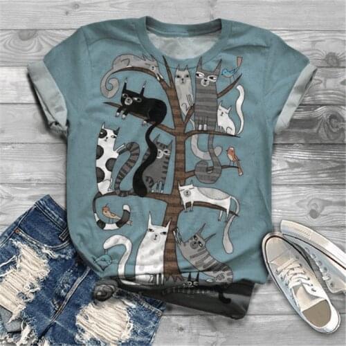 Plus Size Lovely Cat Print Short Sleeve T-shirt Women Round Neck Y2k Graphic Tee Top Ladies Clothing Animal Harajuku Tshirt
