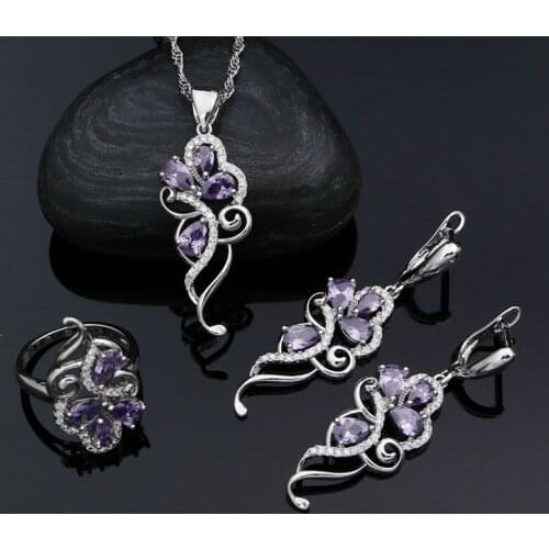 Purple Cubic Zirconia White Crystal Earrings/Ring/Pendant/Necklace Set 925 Sterling Silver Jewelry Set for Women