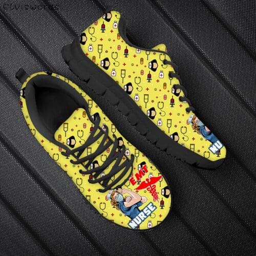 ELVISWORDS Cartoon Yellow Nurse Shoes for Womens Fashion EMT Medical Pattern Flats Nursing Shoes Female Casual Lace-Up Sneakers