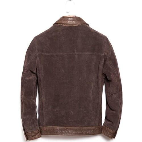 Autumn Leisure style mens Genuine jacket Cowhide suede Leather winter coat lapel Slim short Locomotive clothing Brown