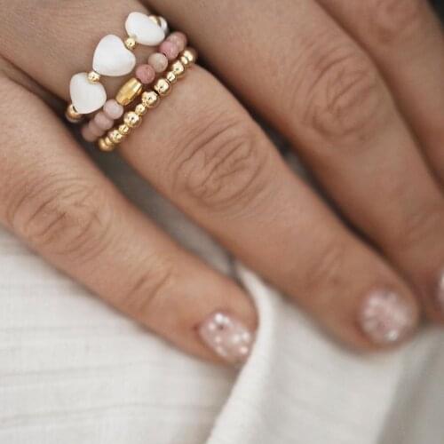 Classic Heart-shaped Shell Ring Set Rhodochrosite Natural Stone Rings Stainless Steel Beads for Women Birthday Gifts for Girls