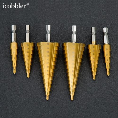7 Sizes Titanium Step Drill Bit Set with Automatic Center Round Punch, High Speed Steel 4241 Hexagonal Handle1/4" Ladder Drills