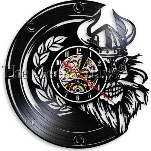 Viking Skull Warrior Wall Clock Made Of Real Vinyl Record Horror Scary Skeleton LED Light Watch Sleepy Lamp with Remote Control