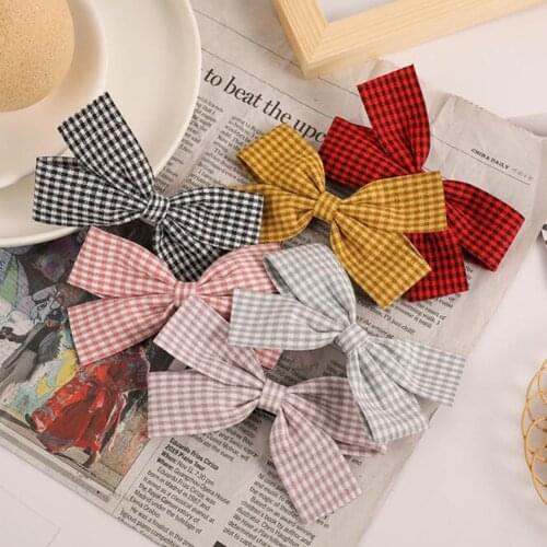 2020 Spring New Korea Simple Personality Embroidery Cherry Plaid Fabric Bow Duckbill Clip Fashion Girl Princess Hair Accessories