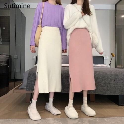 A-line Skirt Mid-length Solid Color Minimalist Style Empire Loose Split Knit Sweater Skirt Korean Fashion Clothing Woman Skirts