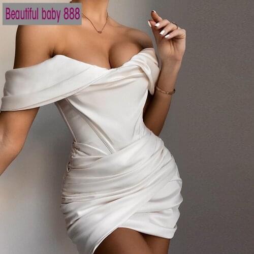 Meqeiss 2020 New Blush Satin Ruched Women Mini Corset Dresses Bodycon Party Night Club Off Shoulder Gown Elegant Dress Birthday