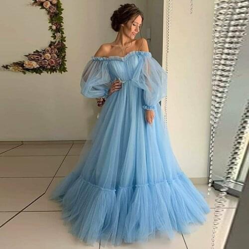 2020 Prom Dresses with Sleeves Soft Tulle Light Blue Blush Pink Off the Shouler Long Sleeve Evening Party Gowns