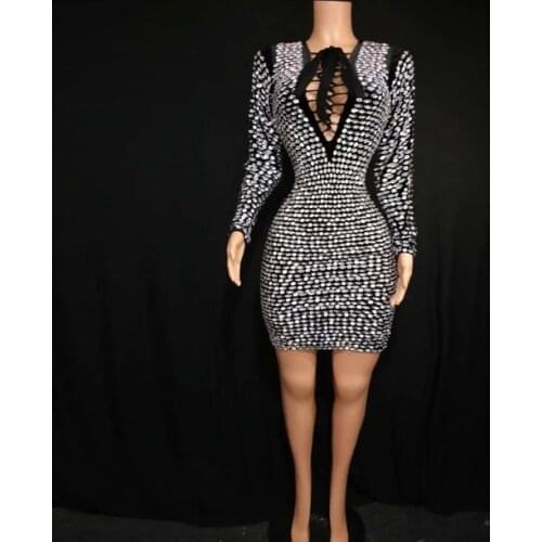 Silver Big Crystal Sexy Long Sleeve Bodycon Mini Dress Nightclub Shower Stage Wear Performance Custome Celebrity Fashion Dress