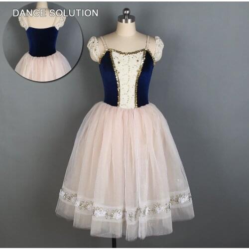 Deep Blue Velvet Bodice with Peach Tulle Skirt Romantic Ballet Costume Ballerina Standard Dancewear Dancer Solo Costume 19836