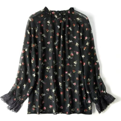 Real Silk Ruffles Long Sleeve Top 100% Mulberry Silk Floral T-shirt M L XL Free Shipping