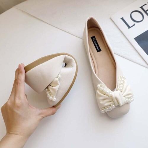 Pearl Bow Square Head Shallow Mouth Comfortable Soft Sole Flat Shoes Womens New Comfortable Soft Sole Casual Flat Shoes