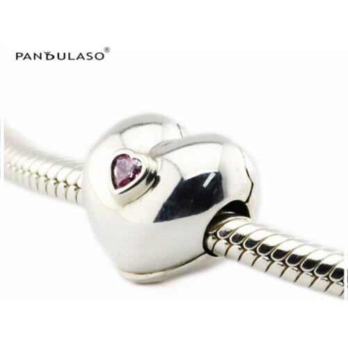 Steady Heart Pink CZ Clip Charm Sterling Silver Jewelry For Beaded Chain Bracelets & Bangles Woman DIY Beads For Jewelry Making