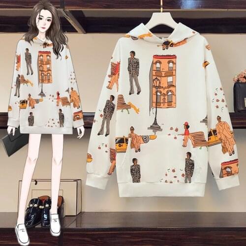 Plus Size Women 4XL Hoodies Pullover Sweatshirts Korean Casual Long Sleeve Cartoon Print Autumn Sweatshirts Ins Fashion Tops