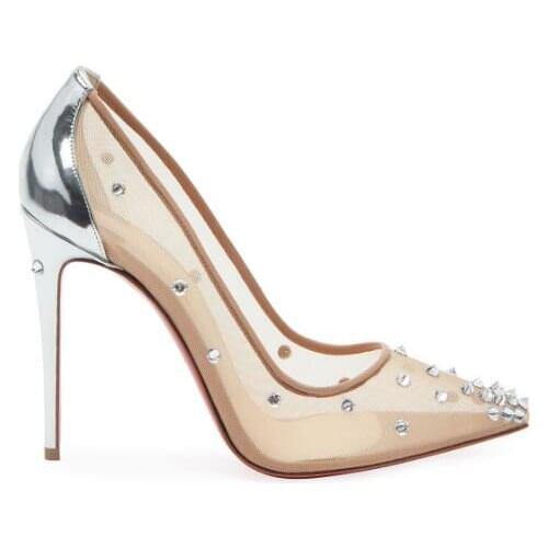 Carpaton Sexy Pointed Toe Woman Shoes Rivets Studded Thin Heels party Wedding Heels Mesh Grid Stiletto Heels Pumps