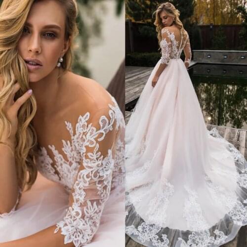 See Through Half Sleees Blush Pink Wedding Dress Long Train Sexy Back Bridal Gowns vintage vestidos de novia