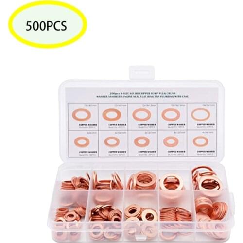 200 Pcs Copper Washers Engine Seal Flat Ring Gasket Fastener Metric Sealing Washer Assortment Set - 9 Sizes
