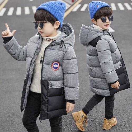 2020 Gray Boys' Korean Style Childrens Color Matching Cotton-Padded Coat Thickened Winter Warm Hooded Mid-Length down Cotton-Pa