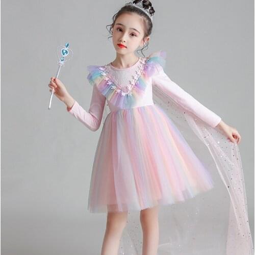 Kids Girls School Drama Costum Dress Tutu Toddler Girls V-shape Neck with Rainbow Tulle Dresses Long Sleeve Fall Autumn Outfits