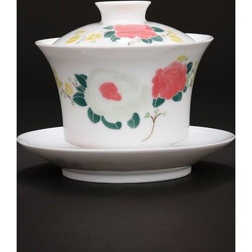 State Owned Factory Under Glaze Hand-painted Chinese Rose Flower Cover bowl tea cup 7501 porcelain