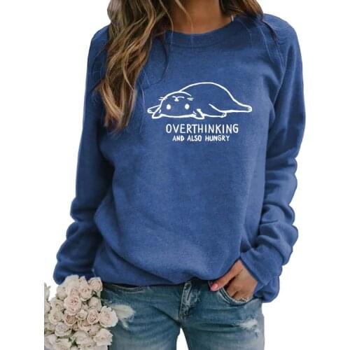 Overthinking and Also Hungry Print Graphic Hoodies Women Spring Autumn Sweatshirts For Female Femmes Winter Sweet Cat Lover Gift