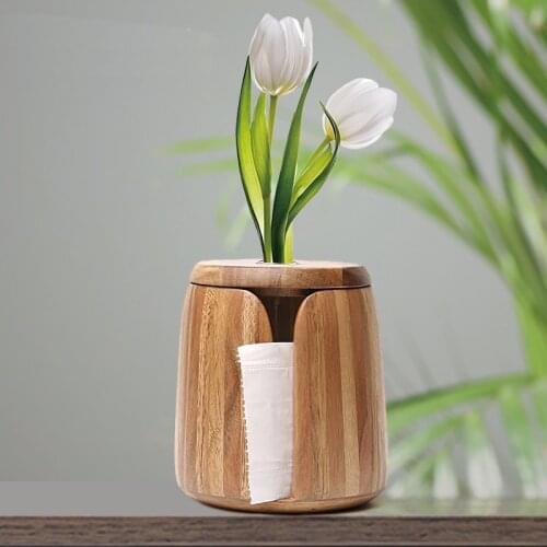 Classical round wooden roll paper storage holder Brief wooden home paper holder glass flower vase