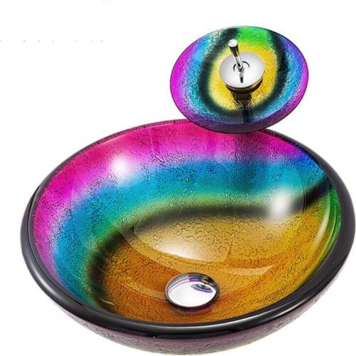 Mediterranean style Round tempered glass Table Basin Household Wash Basin Art Engraving Counter Bath Vessel Sink with Tap