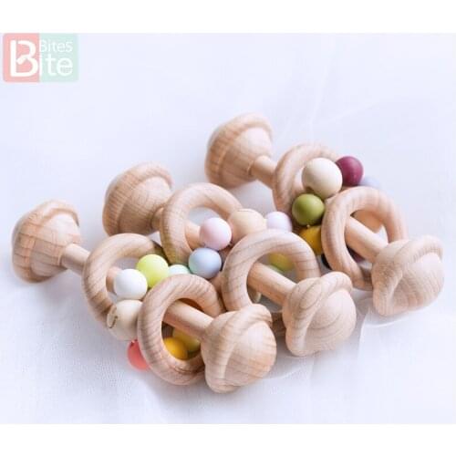 Bite Bites 1pc Baby Rattles Toy Intelligence Grasping Gums Beech Wood Teething Hand Bell Rattle Funny Educational Mobiles Toys