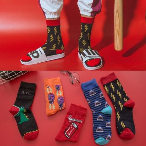 Mens Novelty Socks Hip Hop Cotton Harajuku Lightning Shark Dinosaur Streetwear Fashion Skateboard Basketball Socks High Quality