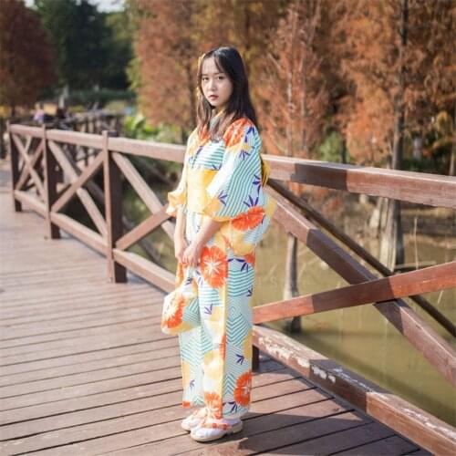 Traditional Japanese Style Kimono Dress Women Fancy Print Floral Yukata Girls Summer Yellow Elegant Haori Asian Vintage Clothes