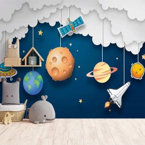 Custom 3D Mural Cartoon Hand Painted Universe Rocket Stars Blue Sky Photo Wallpaper for Boys Kids Room Bedroom Wall Decoration
