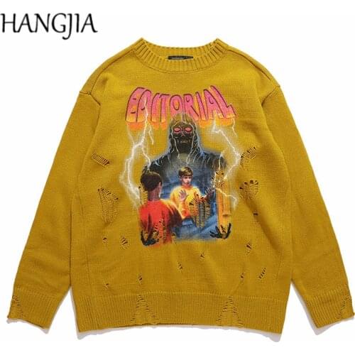 Swag Washed Distressed Pullovers for Men Hip Hop Interstellar Boy Oversized Ripped Knit Sweater for Women Autumn and Winter